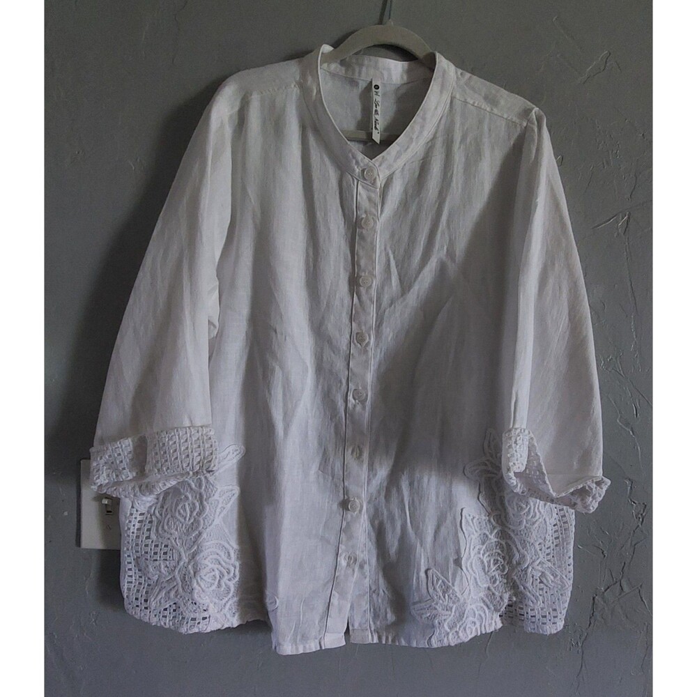 Leo & Nicole Top Tunic Decorative Crochet, Ramie, Cotton, 21.5 Inch Of Armp To A